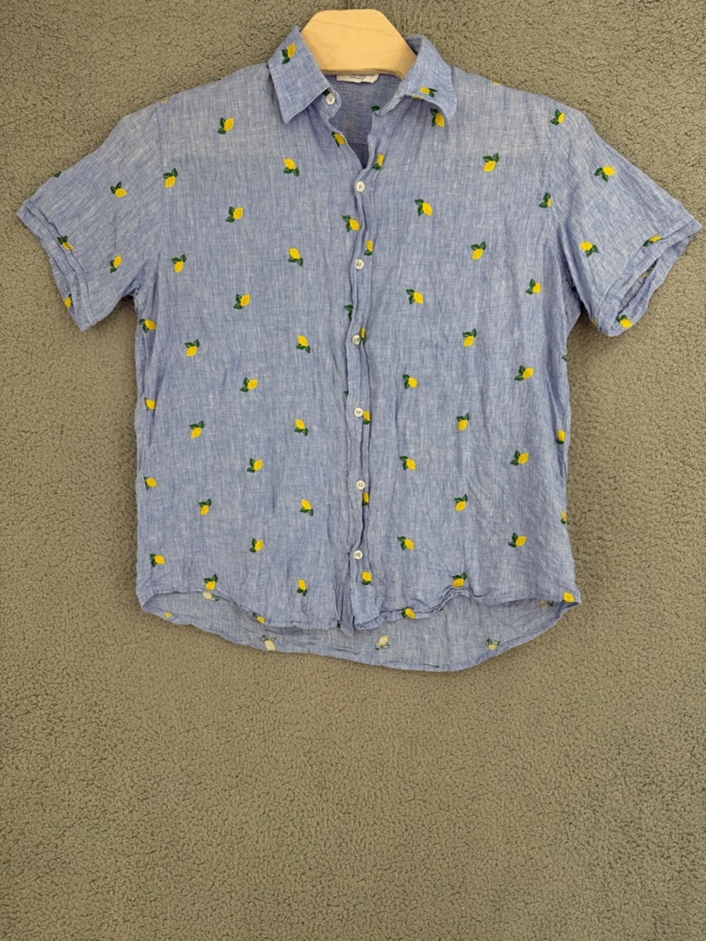 Sartoria Saracena Mens Large short sleeve button up shirt Blue Linen Lemon AOP